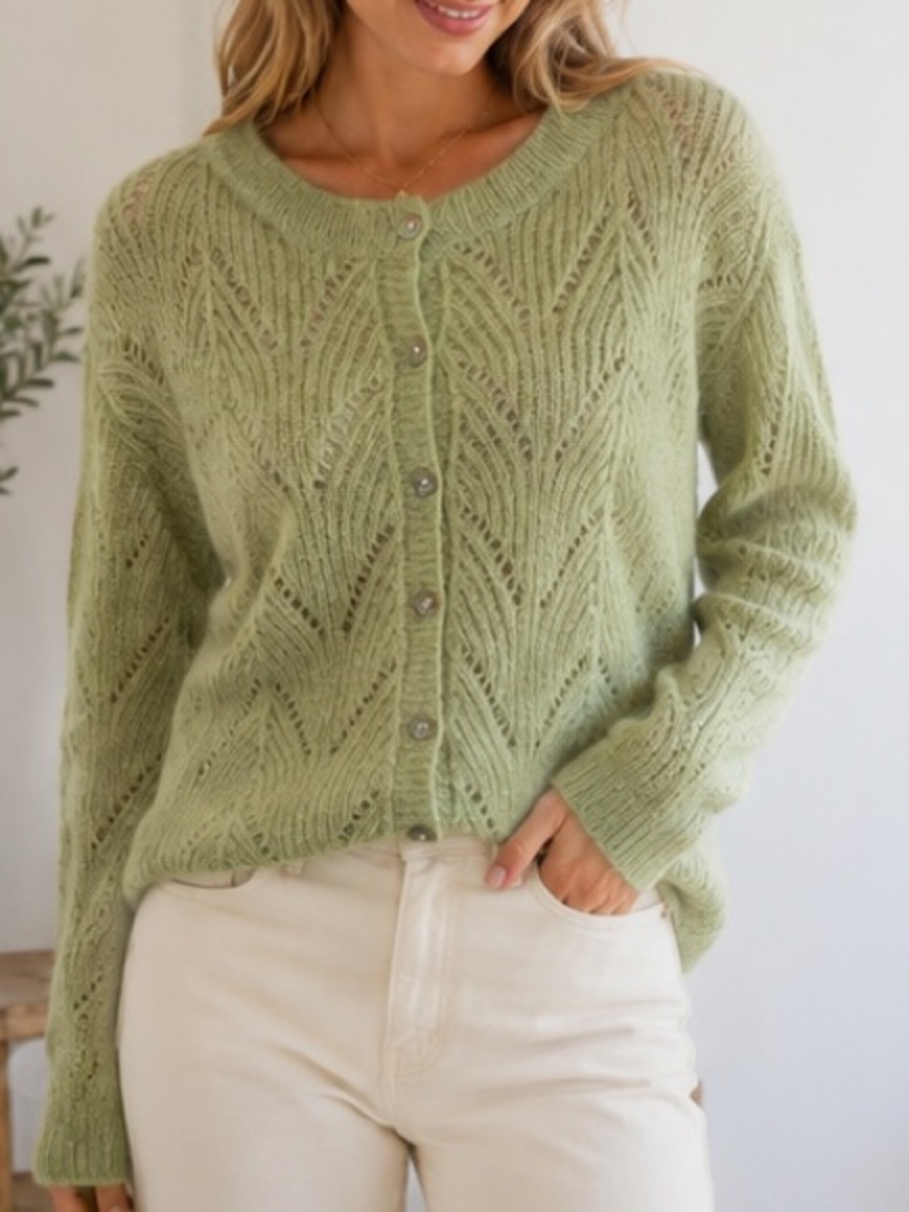 Crescent Wool Mohair Blend Saga Green Open Knit Cardigan Sweater Button Front